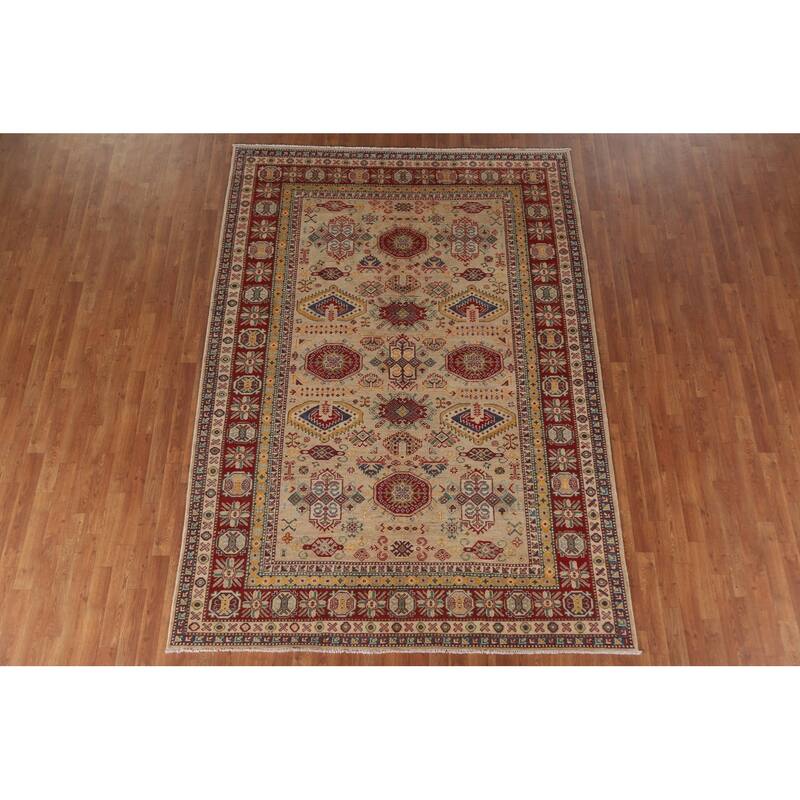 Hand Knotted Oriental 100% Wool Carpet Traditional Tribal Beige & Ivories Kazak Area Rug - 9' 6'' X 6' 9''