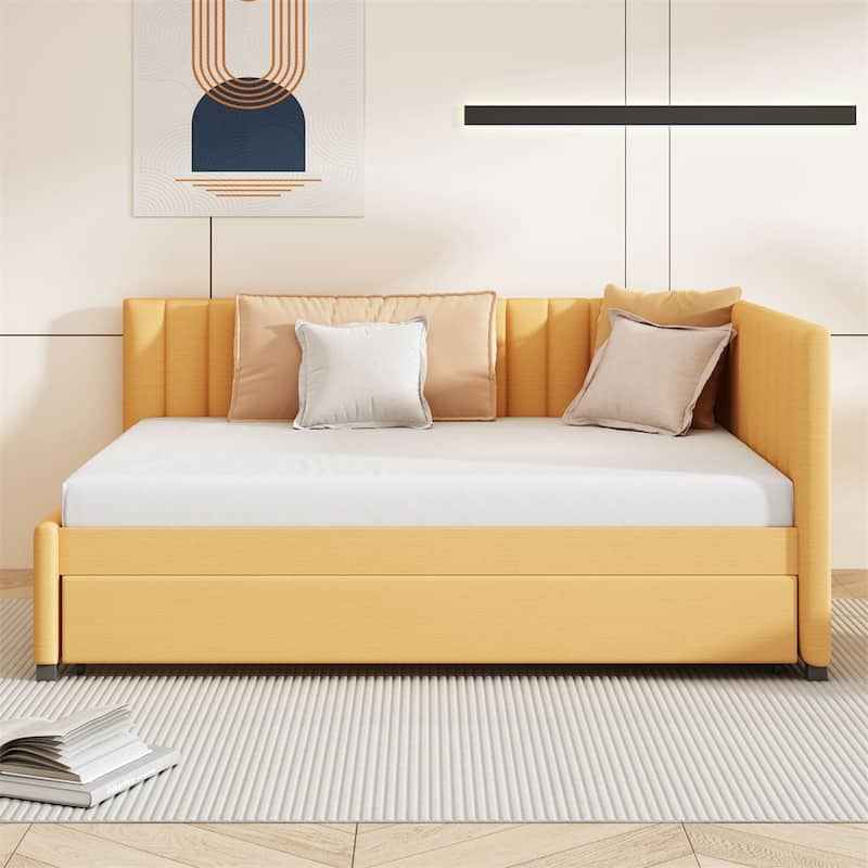 Full Size Upholstered Daybed with Trundle Sofa Bed Frame,Linen Fabric - Yellow