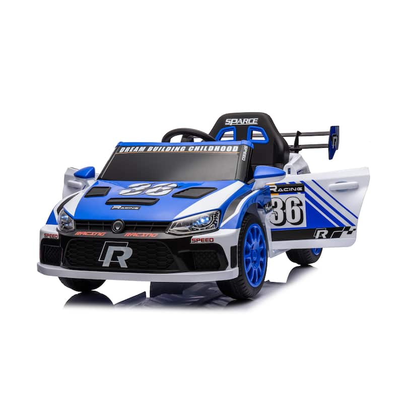 Electric Car for Kids with Seat Belts, Blue Battery Powered Electric Car with Battery Display, Racing Car Toy with Bluetooth