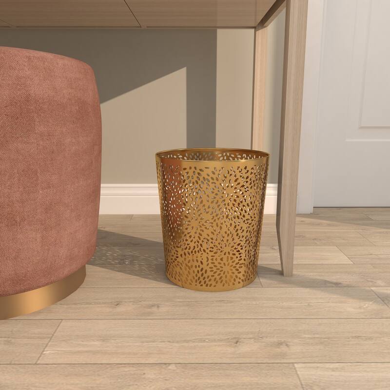 CosmoLiving by Cosmopolitan Gold Metal Small Waste Bin with Laser Carved Floral Design - 9 x 9 x 10
