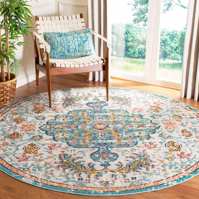 SAFAVIEH Madison Sabire Boho Medallion Distressed Rug - 5' x 5' Round - Grey/Light Blue