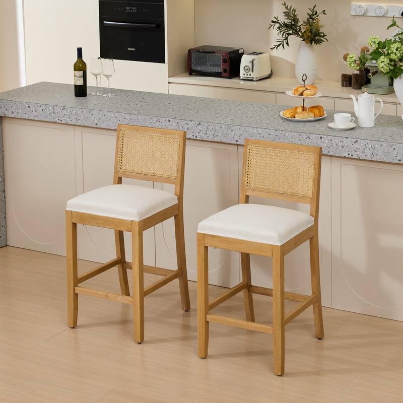 Roomfitters French Country Dining Chairs Set of 2 with Rattan Back and Upholstered Seat, Wood Side Chairs for Kitchen - Beige