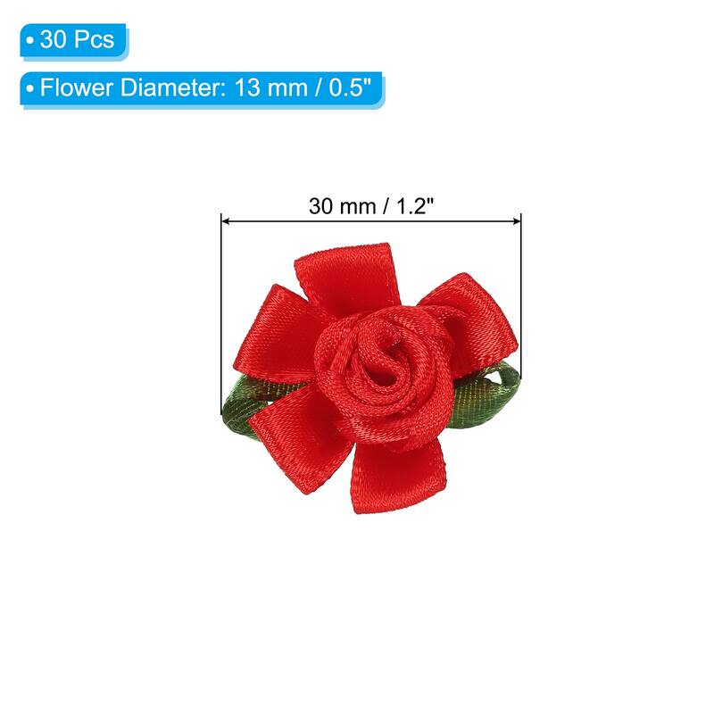 30Pcs Mini Satin Ribbon Roses Small Rosettes Fabric Flowers - Red