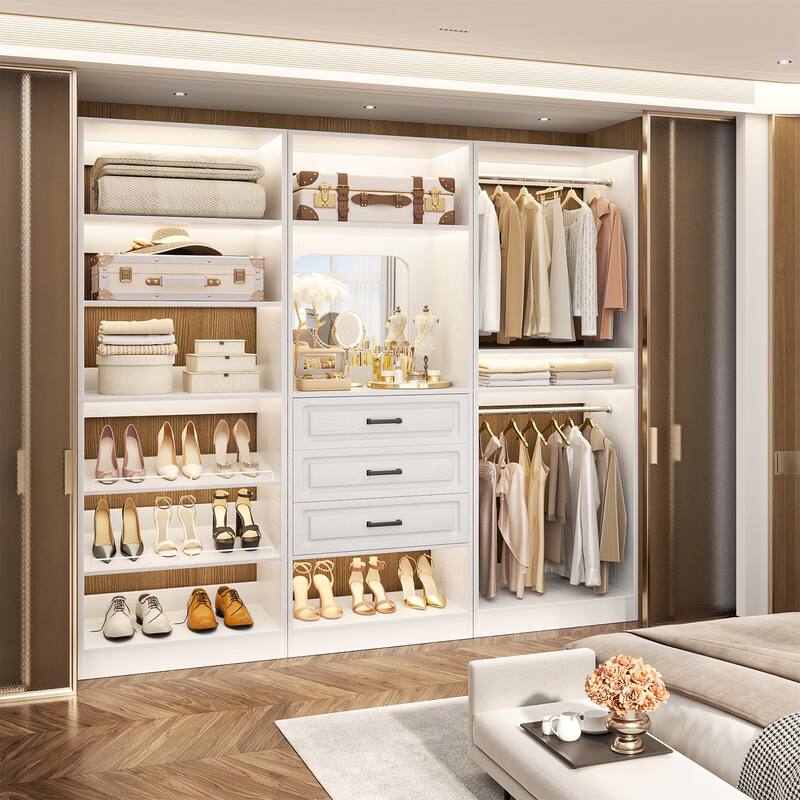 Cimly Set of 3 Freestanding Closet System with Drawers, Adjustable Closet Organizer with Hanging Rods and Shoe Racks - White