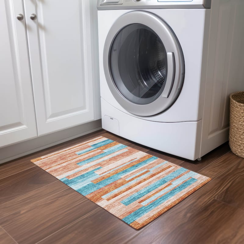 Machine Washable Indoor/ Outdoor Modern Stripes Chantille Rug