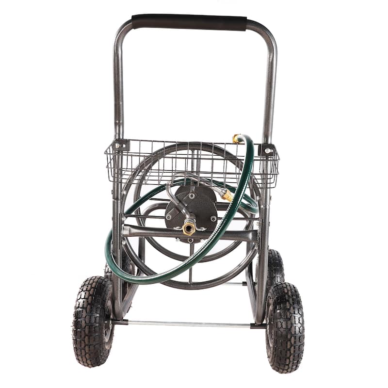 4 Wheels Portable Garden Hose Reel Cart with Storage Basket - 4 Wheels