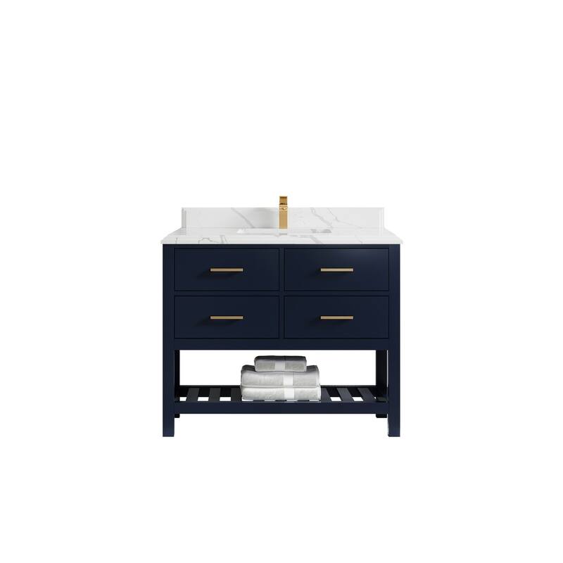 Willow Collections 42 in. W x 22 in. D Parker Single Sink Bathroom Vanity with Countertop - 1.5" Calacatta - Navy Blue