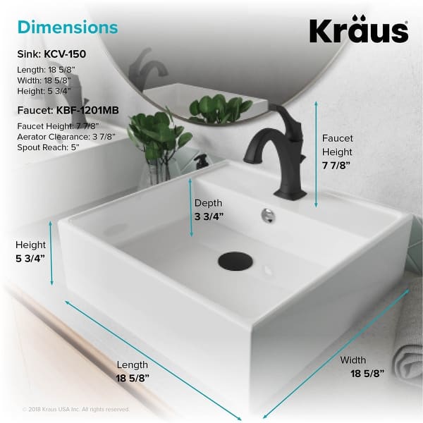 dimension image slide 3 of 4, Kraus 3-in-1 Set White Square Ceramic Vessel Sink Arlo Faucet w/ Drain