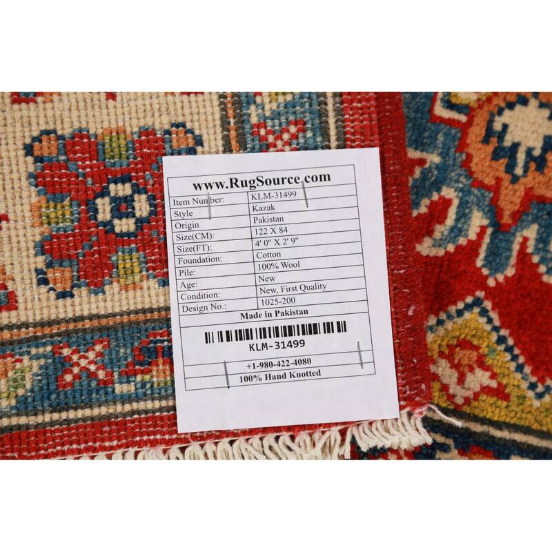 Red Kazak Foyer Rug Hand-Knotted Geometric Accent Wool Carpet - 2'9"x 4'0"
