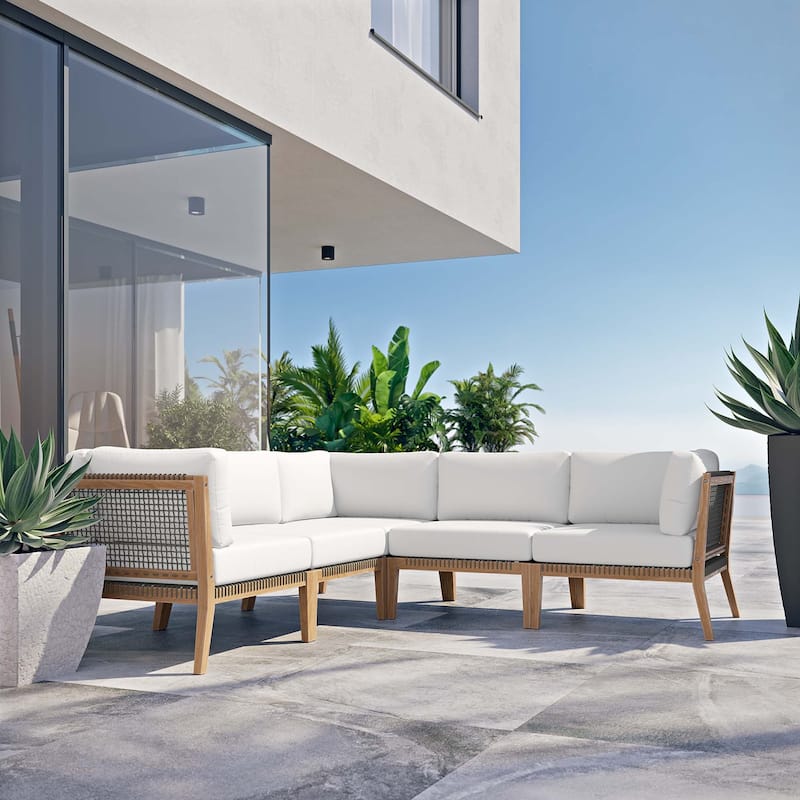 Clearwater Outdoor Patio Teak Wood 5-Piece Sectional Sofa - Gray White