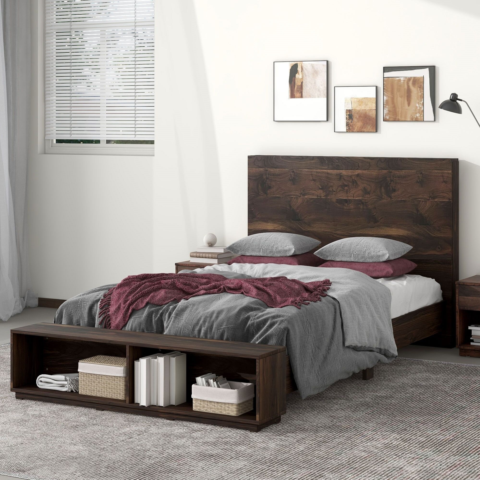 Queen King Size Wood Platform Bed Frame with Storage Bench Bed