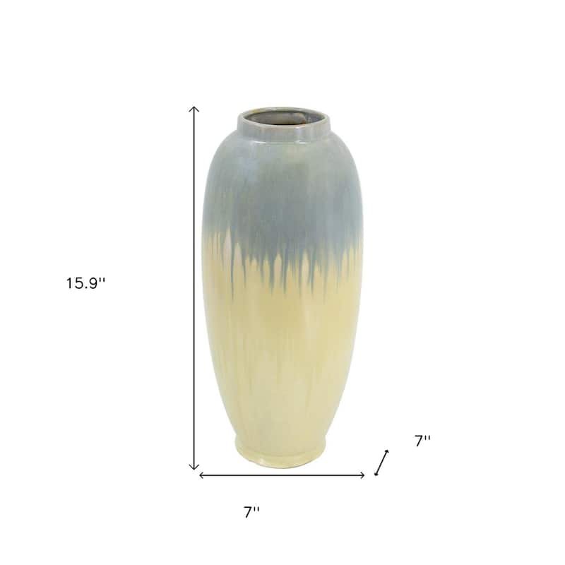 16" Blue And Cream Reactive Glaze Ceramic Cylinder Table Vase - 7.00
