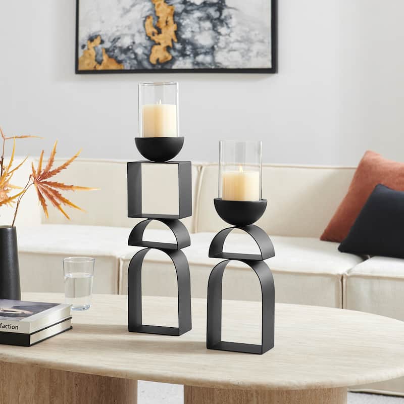 Black Geometric Pedestal Tabletop Candle Holders Set of 2