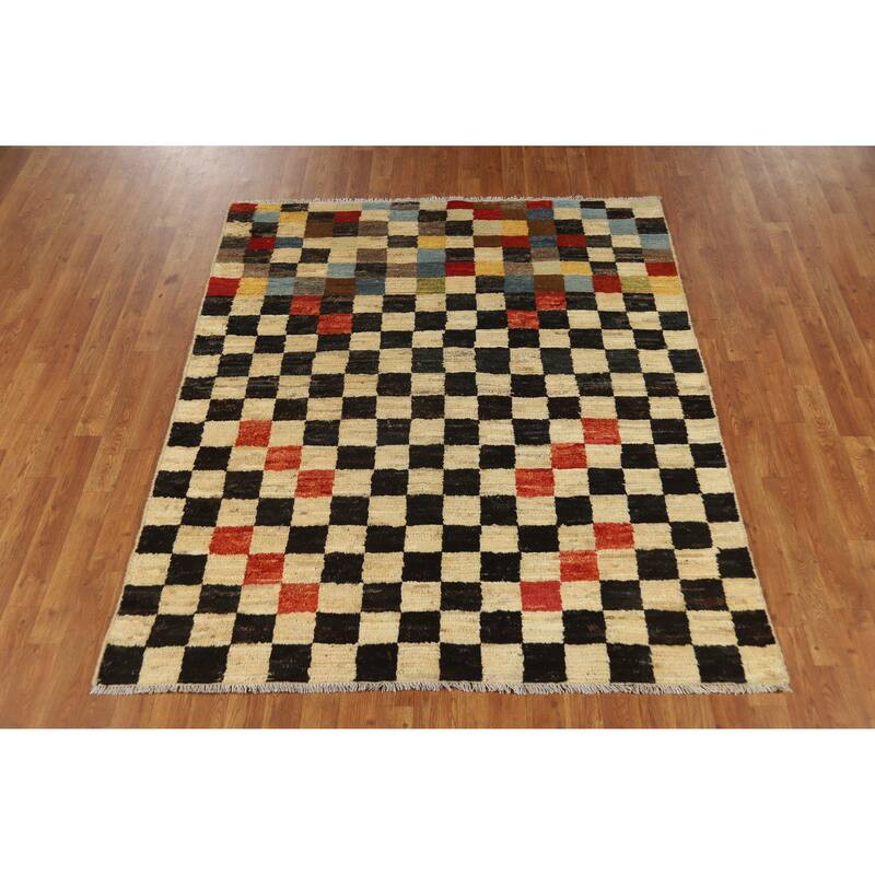 Checkered Moroccan Oriental Rug Hand-Knotted Wool Carpet - 5'2" x 6'3"