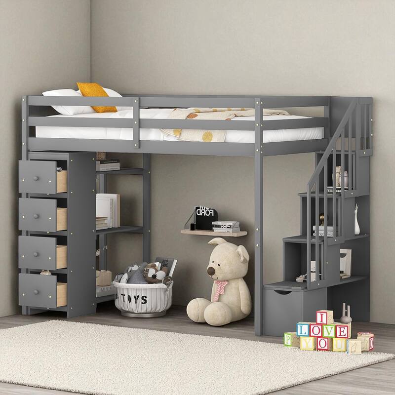 Twin Size Wooden Loft Bed with Drawers, Shelves, and Stairs for Kids Teens, No Box Spring Required - Grey - Twin