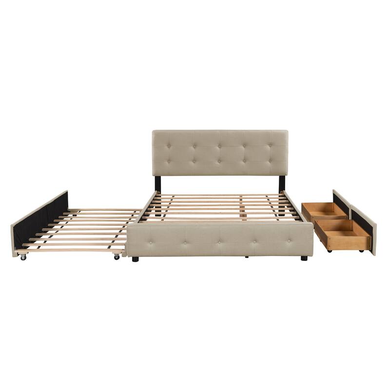 Queen Size Upholstered Platform Bed with 2 Drawers & Twin XL Trundle