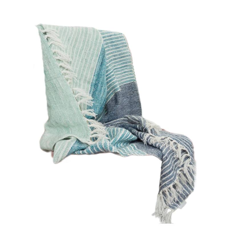 HomeRoots 50" X 60" Aqua Blue Teal And Ivory Recycled PET Woven Stripe Throw Blanket with Tassels