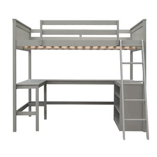 Full Loft Bed with Shelves, Desk, and Ladder, Space-Saving Wood Frame
