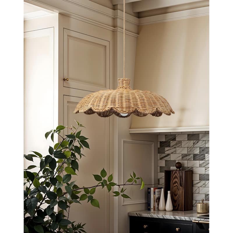 Aurelia Rattan Pendant Light - Natural Hardwired Light Fixture for Kitchen Island or Dining Room in Boho or Coastal Style