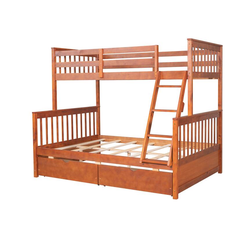 Twin-Over-Full Bunk Bed with Ladders and Two Storage Drawers in Walnut