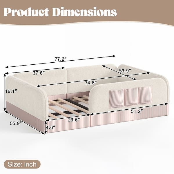 dimension image slide 8 of 9, Twin/Full/Queen Teddy Fleece Floor Bed with Upholstered Safety Rails and Pocket