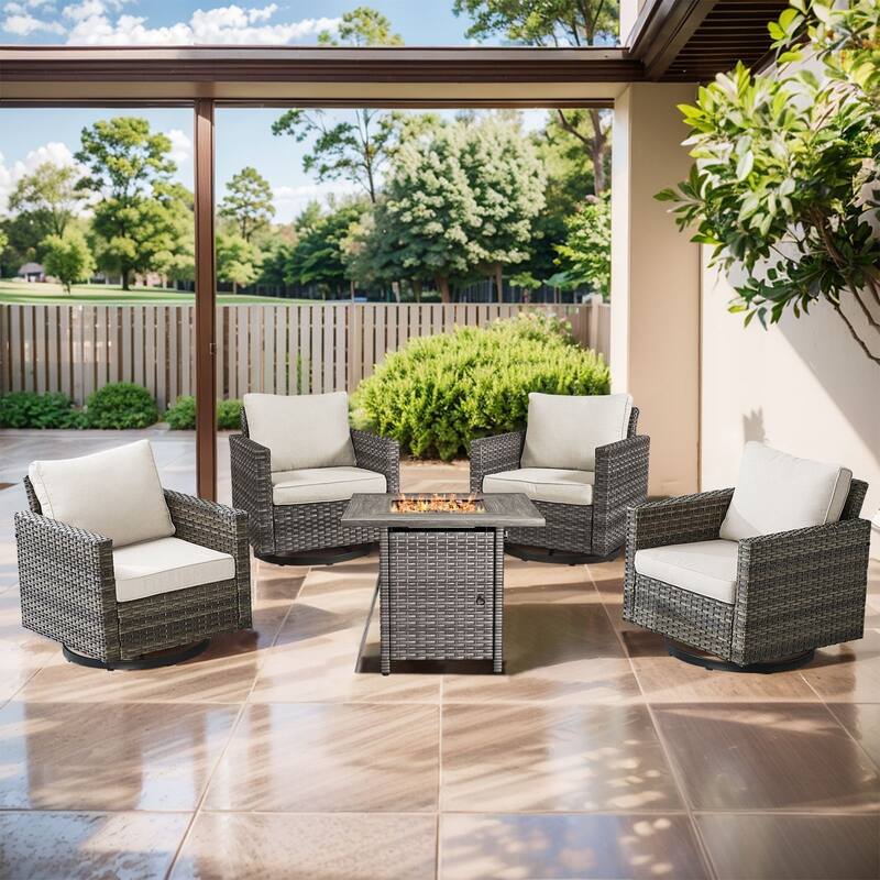 Outdoor Pocassy Glider Chairs Patio Chairs with Fire Table - Grey Wicker Beige Cushion - 5PCS Swivel Chairs