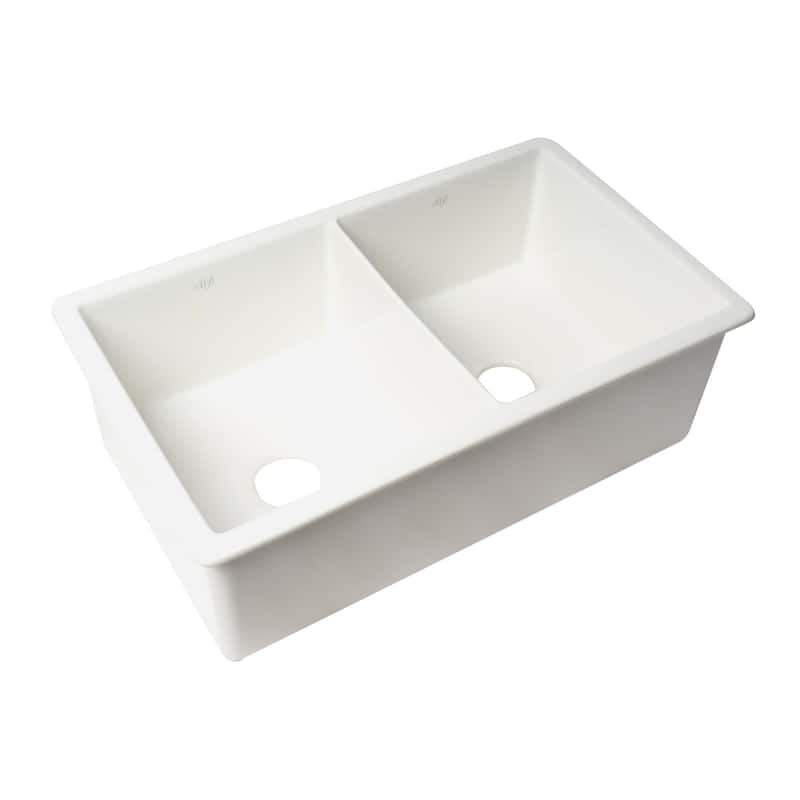 ALFI brand ABF3219DUD-W White 32" x 19" Double Bowl Fireclay Undermount / Drop In Fireclay Kitchen Sink
