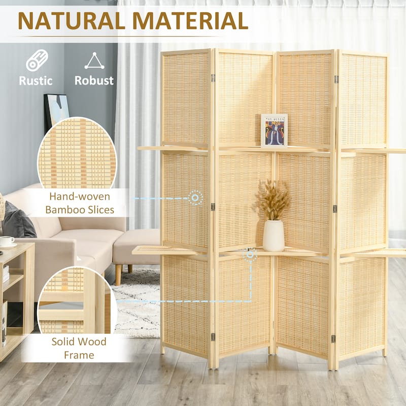 4-Panel Bamboo Folding Room Divider Screens with Storage Shelves