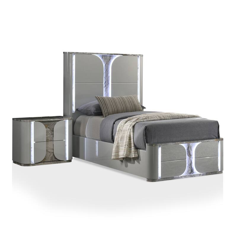 Furniture of America Sherri Modern 2-Piece Light Grey Solid Wood Kids Platform Bedroom Set with LED