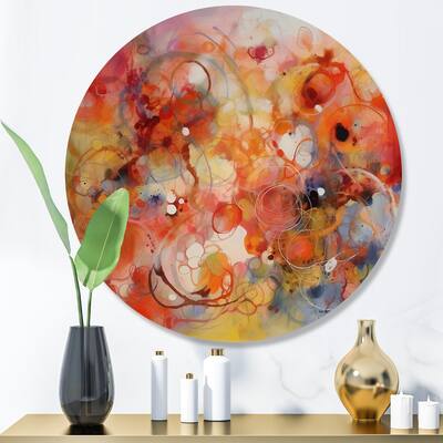Designart "Orange Red Marbled Dreamscape II" Modern Geometric Metal Round Wall Art