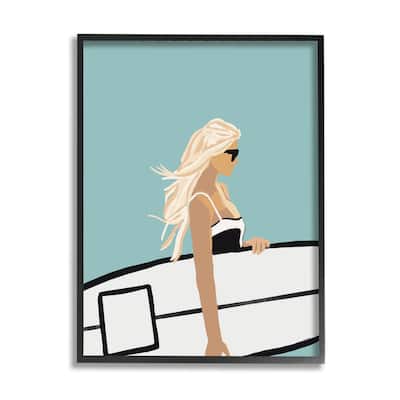 Stupell Woman Carrying Surf Board Windblown Beach Hair Framed Wall Art, Design by Amelia Noyes