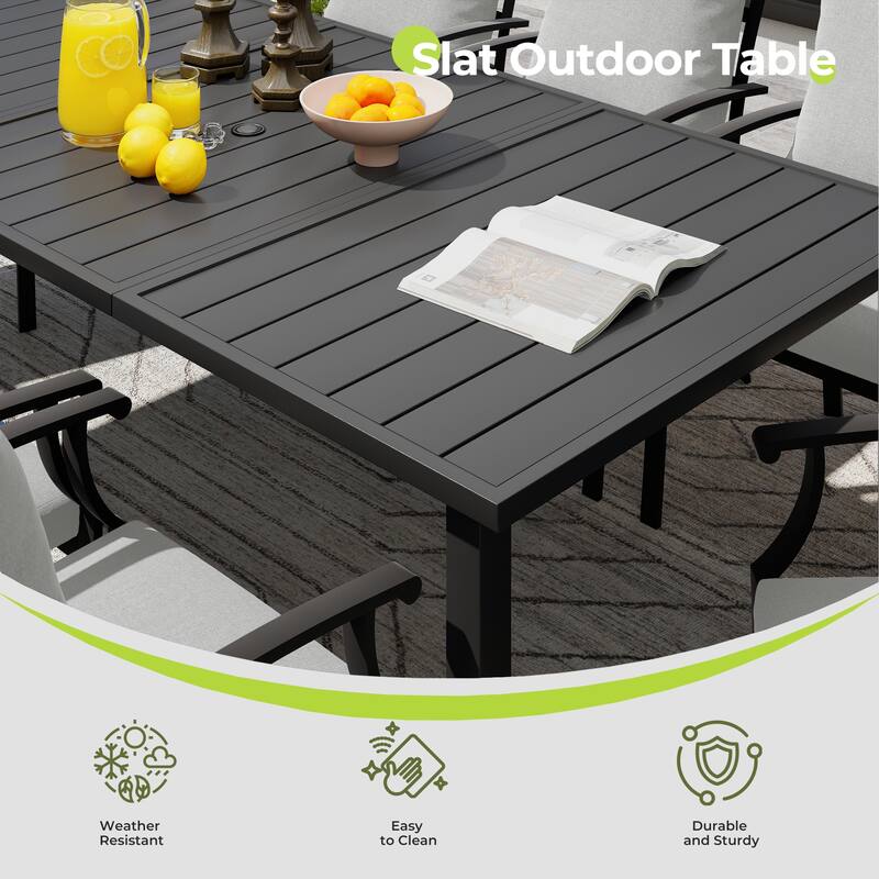 IvyGlow 9-Piece Black Metal Patio Dining Set with Rectangular Table, 2 Swivel Dining Chairs and Gray Cushions