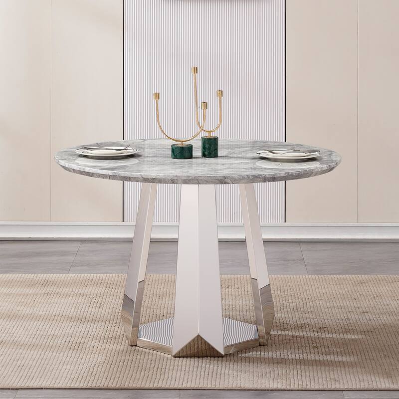 47" Round Dining Table with Faux Marble Tabletop and Stainless Steel Base - Gray+Silver