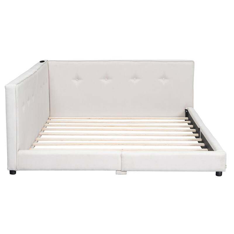 Upholstered Daybed Low Profile Bed Frame with USB Charging Station, Tufting L-shaped Backrest and Wood Slat Support Linen Fabric