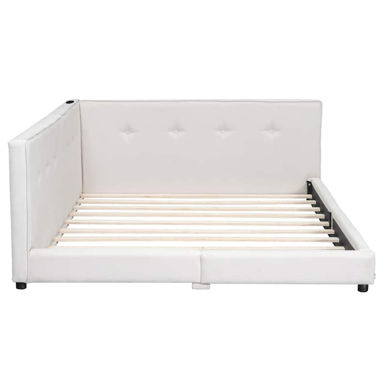 Upholstered Queen Size Platform Bed with USB Ports, Beige