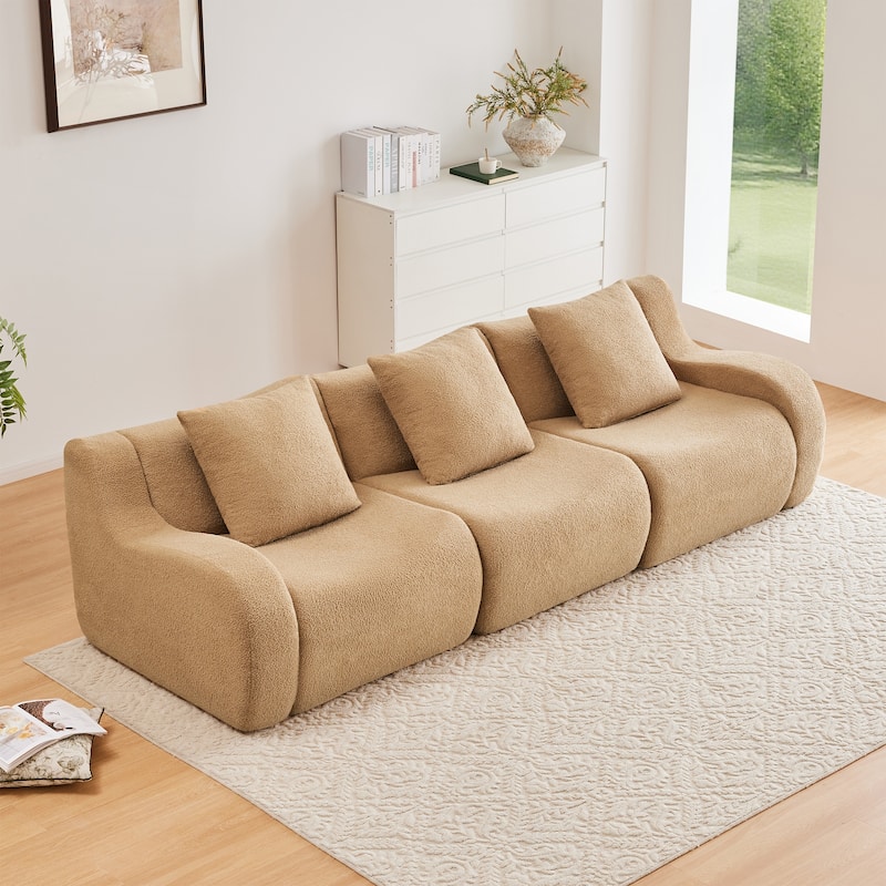 Boneless Sofa, 3 Seat High-Quality Teddy Fabric,Anti-Slip Design, No Assembly Curved Armrests Streamlined