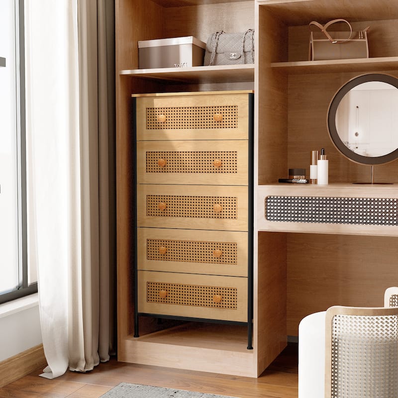 Crestlive Dresser Closet PE Wicker Rattan Storage Tower Organizer Chest of 5 Drawers