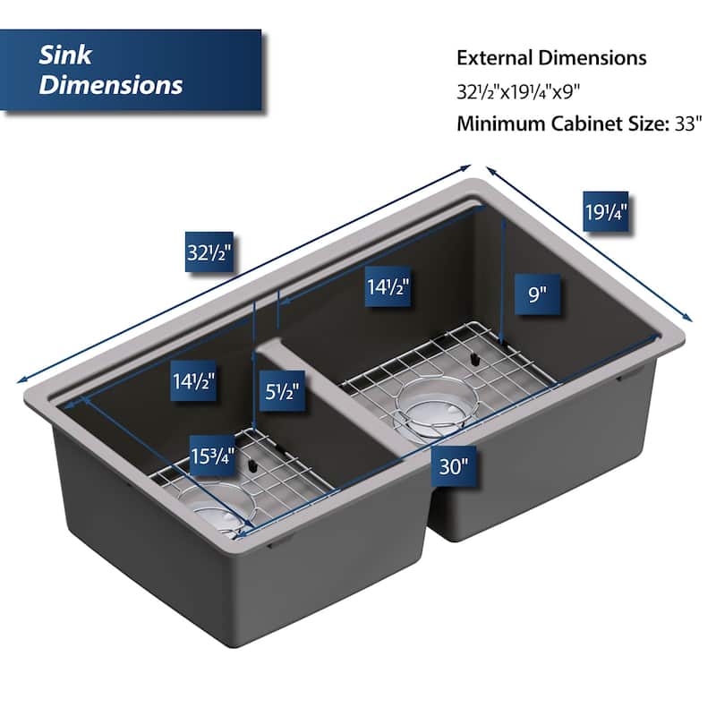 Karran QUWS-880 Undermount 32-1/2 in. Double Equal 50/50 Bowl Workstation Kitchen Sink