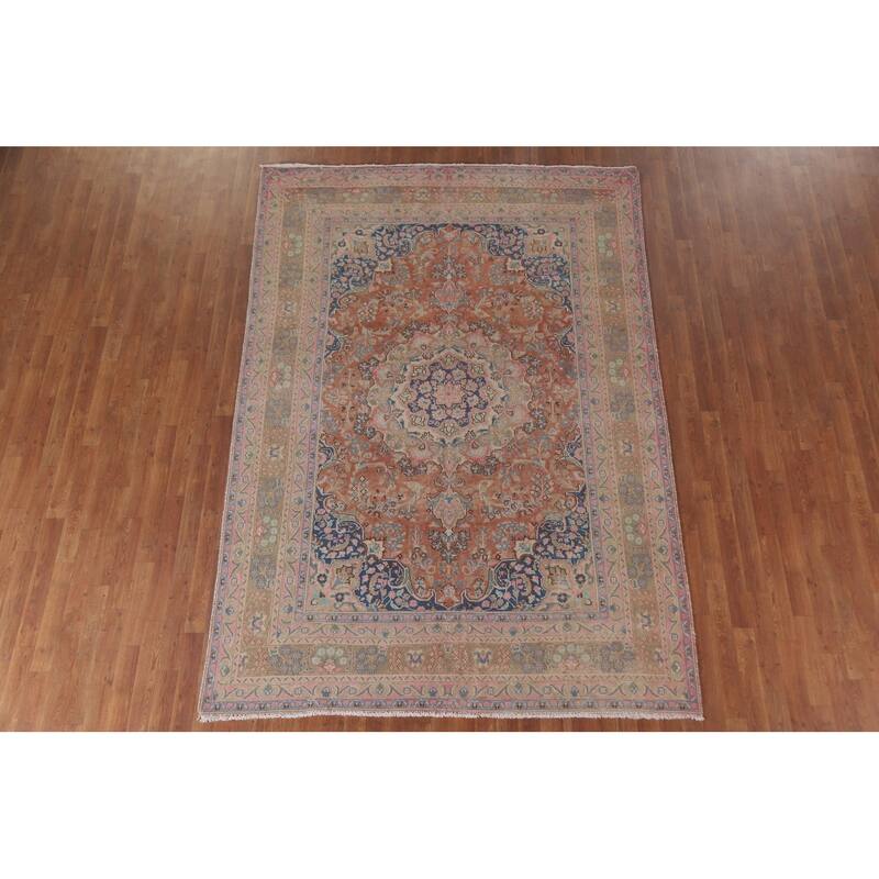 Hand Knotted Oriental 100% Wool Carpet Traditional Floral Oranges & Rust Mashad Area Rug - 9' 5'' X 6' 5''