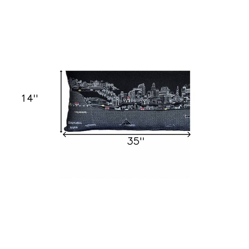 HomeRoots 35" Black Philadelphia Nighttime Skyline Lumbar Decorative Pillow