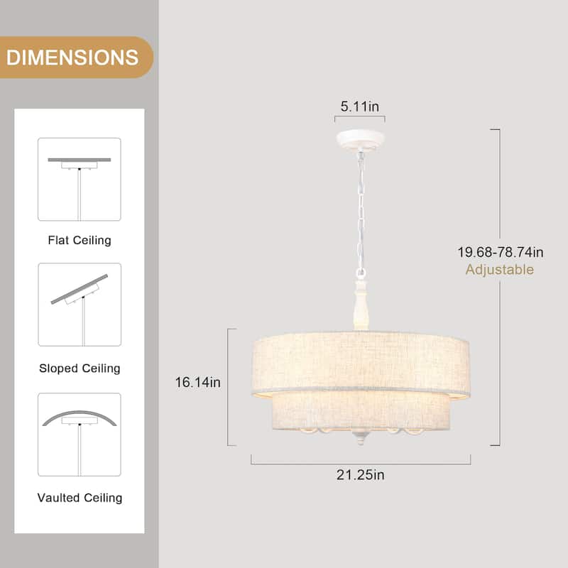 21.25-inch 5-light elegant retro metal chandelier with double-layer fabric lampshade and adjustable height