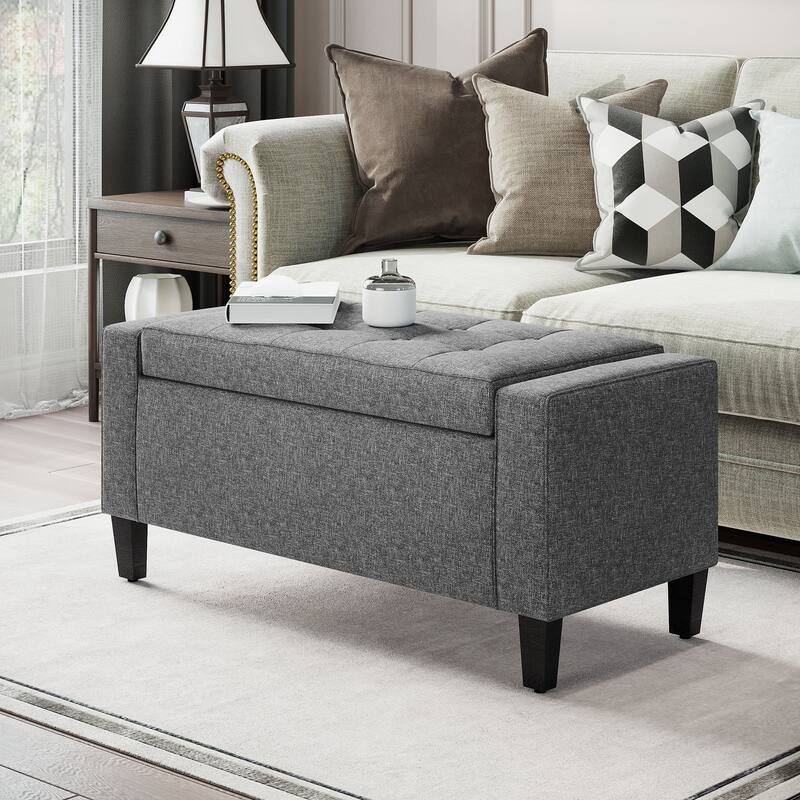 Upholstered Bench Storage Bench with Lift Top, Gray Storage Ottoman Indoor Bench Vanity Bench with Button Tufted