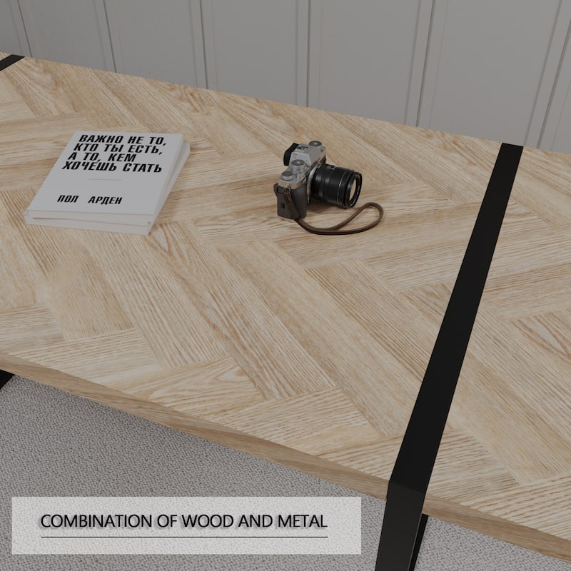 59 " dining table modern industrial rectangular MDF light wood,engineering wood tabletop and black rectangular metal legs