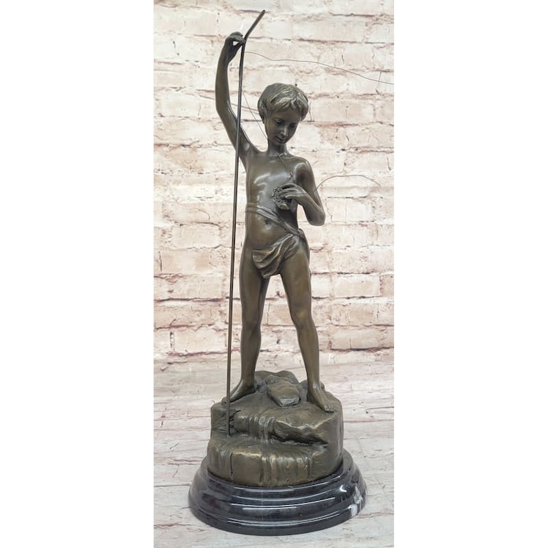 Young Boy Child Imitative Fishing - Bronze Sculpture Figure On Marble Base By A. Bofill