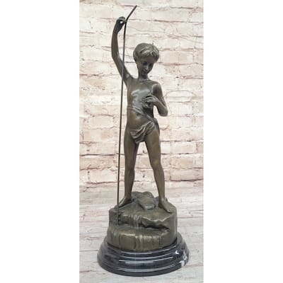 Young Boy Child Imitative Fishing - Bronze Sculpture Figure On Marble Base By A. Bofill