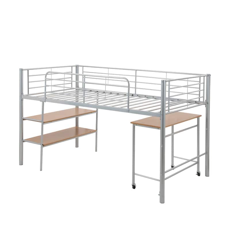 Twin Size Metal Loft Bed with Desk and Shelves