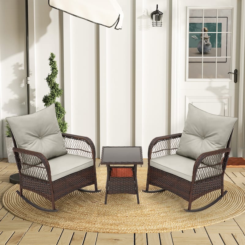 3-Piece Outdoor Rocking/Swivel Chair Set - PE Rattan Patio Furniture with Cushions & Coffee Table, Rocker Chairs for Backyard