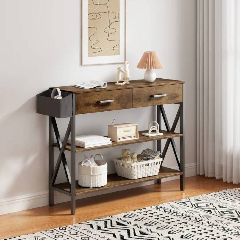 Multi-function Console Table with 2 Drawers, Entryway Sofa Table with 3 Tier Storage Shelves - Retro