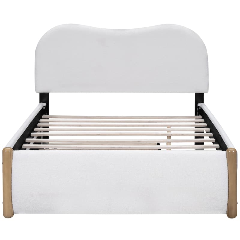 Full Size Upholstered Platform Bed with Wood Feet and Twin Trundle, White