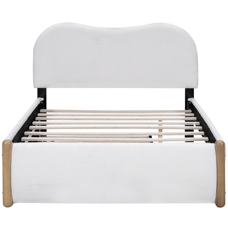 White Full Berber Fleece Platform Bed with Trundle and Wooden Feet